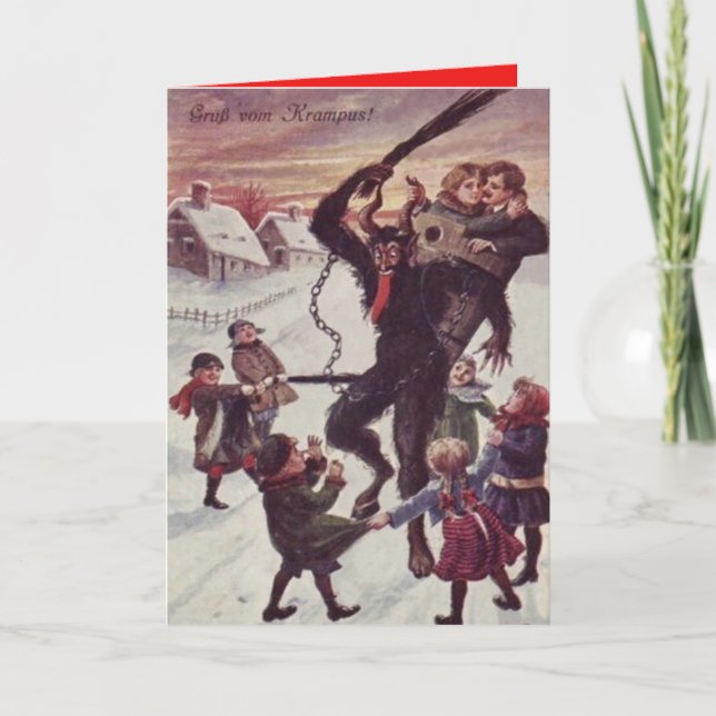 Cartes Pour Fêtes Annuelles Krampus punissant la neige d'enfants (Devant)