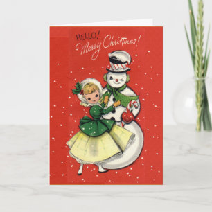 Cartes Pour Fêtes Annuelles KRW Vintage Girl and Snowman Card - Customisé