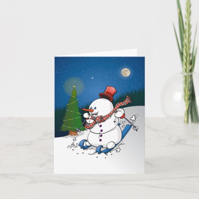 Cartes Pour Fêtes Annuelles La joyeuse poupée de neige sur les skis (Devant)