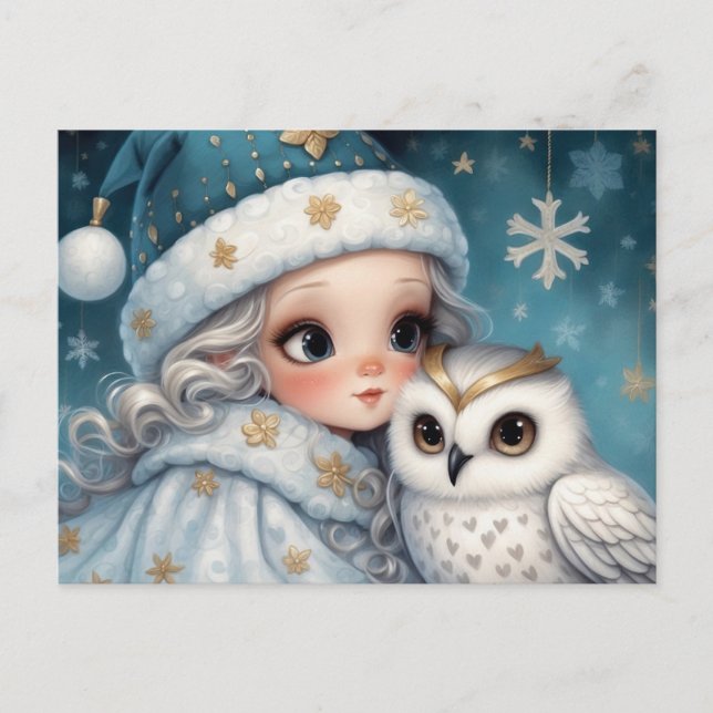 Cartes Pour Fêtes Annuelles La petite fille serre une chouette blanche (Devant)