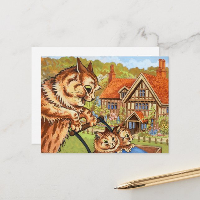 Cartes Pour Fêtes Annuelles La promenade Pram de Louis Wain (Devant/Arrière en situation)