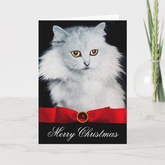 CARTES POUR FÊTES ANNUELLES LA REINE DES CHATS BLANCS AVEC RIBBON ROUGE (Devant)