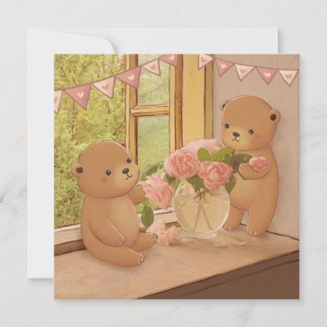 Cartes Pour Fêtes Annuelles La Saint-Valentin : ours en peluche et fleurs (Devant)