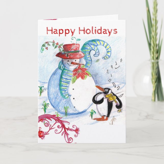 CARTES POUR FÊTES ANNUELLES LA SÉRÉNADE HIVERNALE DE SNOWMAN ET PENGUIN (Devant)
