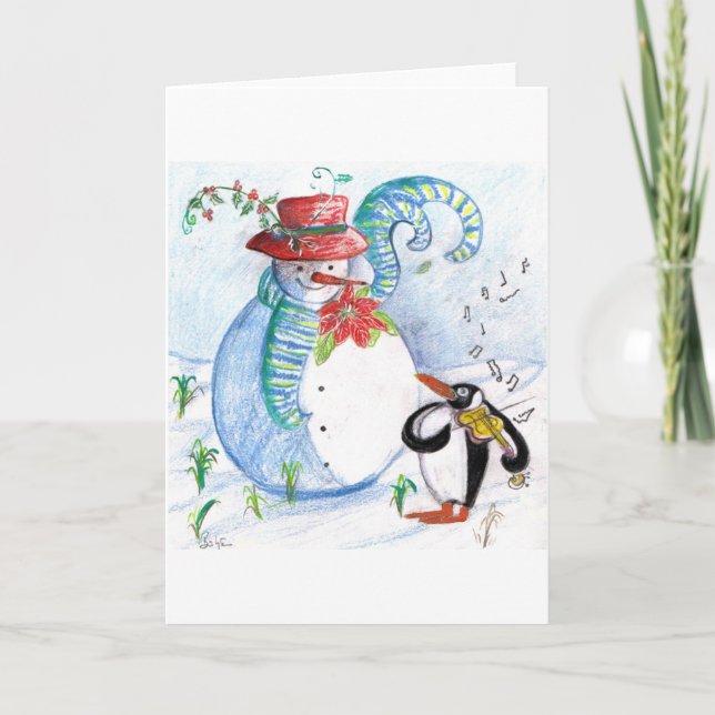 CARTES POUR FÊTES ANNUELLES LA SÉRÉNADE HIVERNALE DE SNOWMAN ET PENGUIN (Devant)