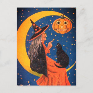 Cartes Pour Fêtes Annuelles La Sorcière D'Halloween Assis Sur La Lune Vintage