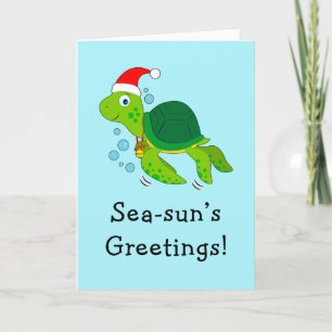 Cartes Pour Fêtes Annuelles La tortue de mer dans un Noël océanique à Santa Ha