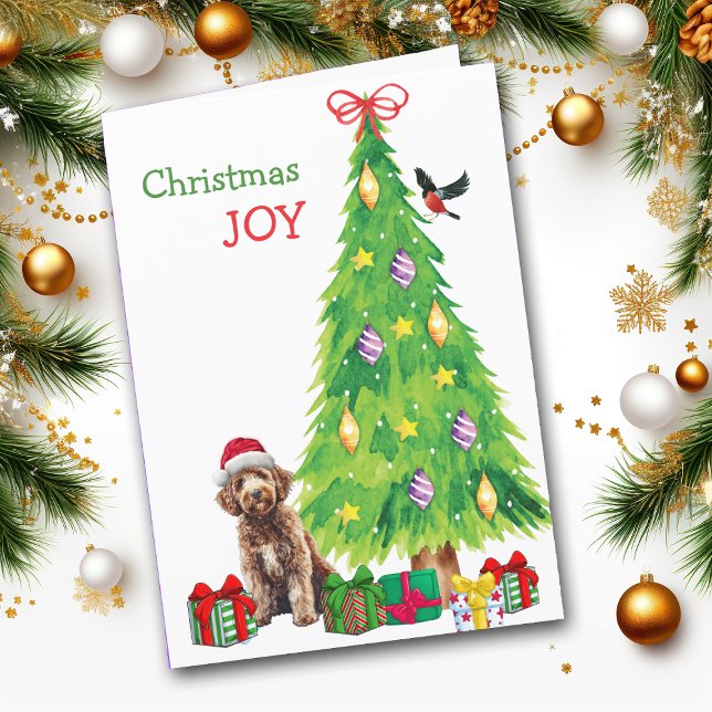 Cartes Pour Fêtes Annuelles Labradoodle Chien, Oiseau et Arbre de Noël (Créateur téléchargé)