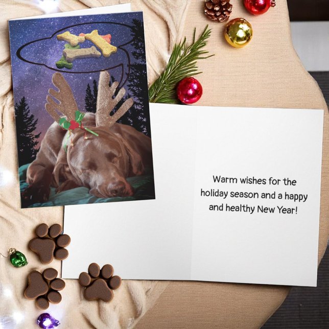 Cartes Pour Fêtes Annuelles Labrador Retreiver dans Antlers Dreams Chiens Trai (cover design and inside template text Christmas greeting card)
