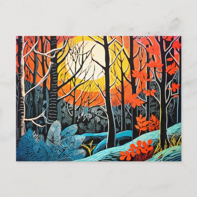 Cartes Pour Fêtes Annuelles L'abstraction dans une forêt de Linocut captivante (Devant)