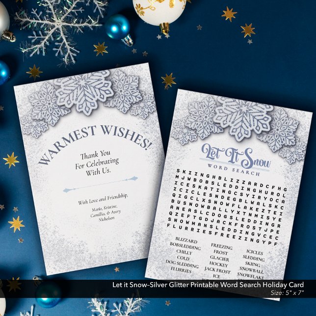 Cartes Pour Fêtes Annuelles Laisser la Parties scintillant d'argent de neige P (Let it Snow–Silver Glitter Printable Word Search Holiday Card)