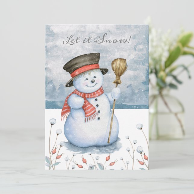 Cartes Pour Fêtes Annuelles Laisser neiger Joyeux Noël Snowman Personnalisé (Debout devant)