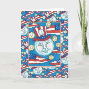 CARTES POUR FÊTES ANNUELLES L'AMÉRICANA FOLK ART PATRIOTIQUE HOMME DANS LA LUN