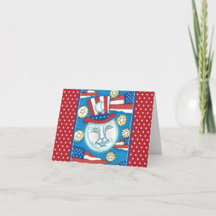 CARTES POUR FÊTES ANNUELLES L'AMÉRICANA FOLK ART PATRIOTIQUE HOMME DANS LA LUN