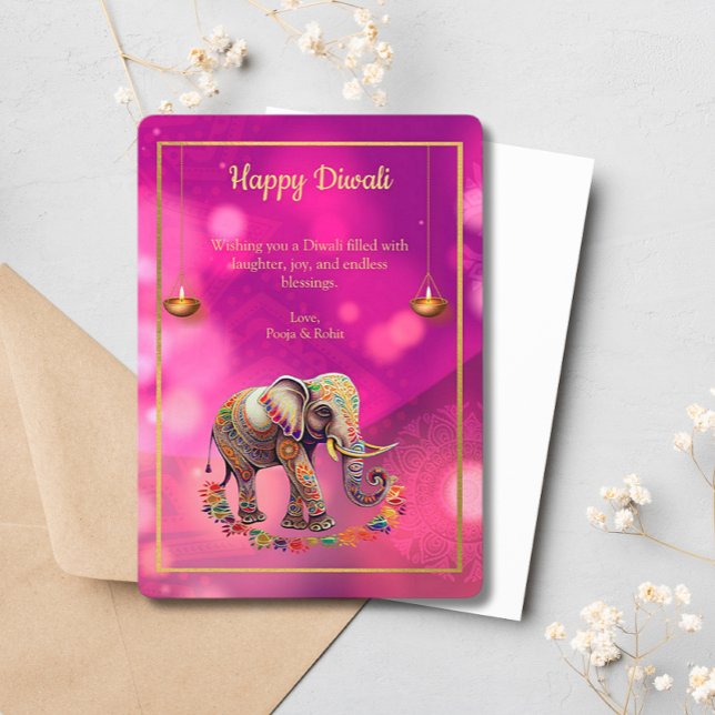 Cartes Pour Fêtes Annuelles Lampes Eléphantes Diwali Purple Gold (Créateur téléchargé)