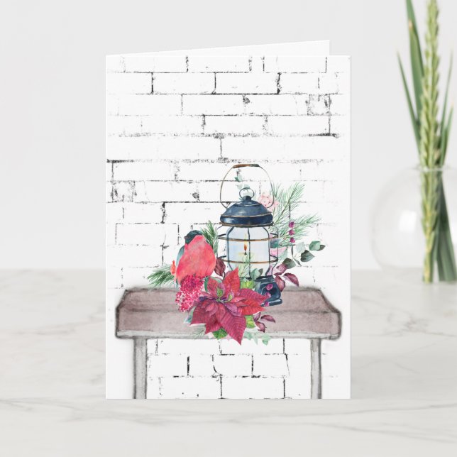 Cartes Pour Fêtes Annuelles Lanterne de Noël et Bouquet de Poinsettia (Devant)