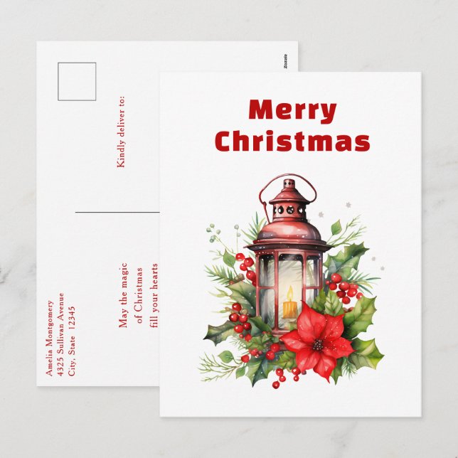 Cartes Pour Fêtes Annuelles Lanterne rouge de Noël Poinsettia et pin (Devant / Derrière)