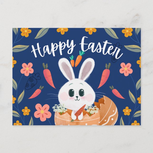 Cartes Pour Fêtes Annuelles Lapin adorable en Oeuf "Pâques heureux" Printemps (Devant)