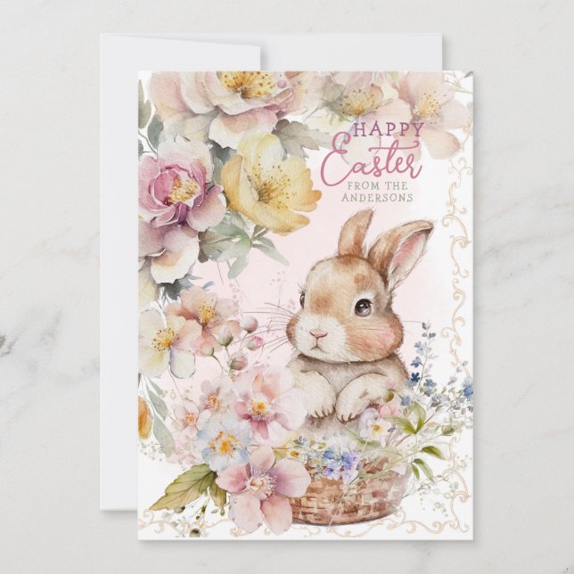 Cartes Pour Fêtes Annuelles Lapin aquarelle mignon | Fleurs de printemps | Pho (Devant)