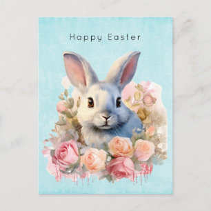 Cartes Pour Fêtes Annuelles Lapin avec une guirlande de roses Pâques mignon