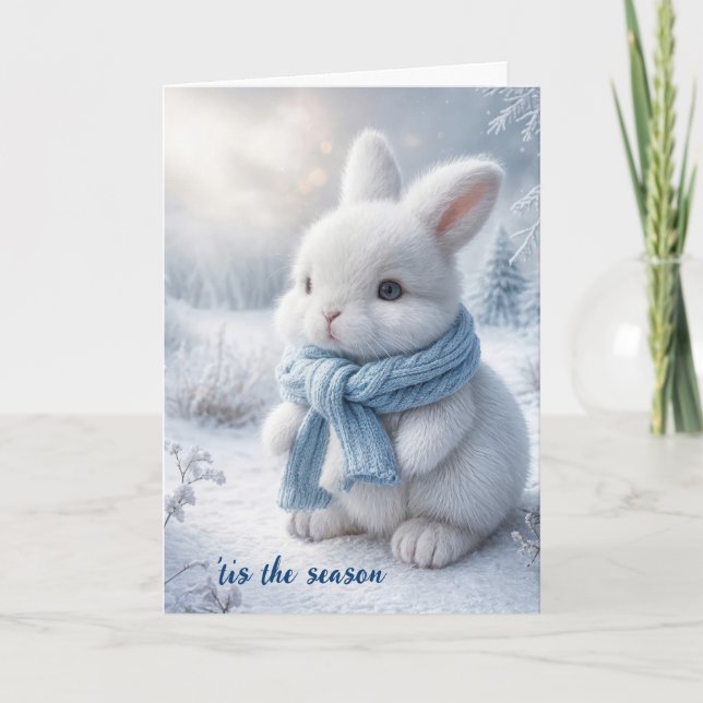 Cartes Pour Fêtes Annuelles Lapin Blanc D'Hiver Pour Noël (Devant)