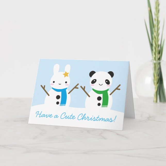 Cartes Pour Fêtes Annuelles Lapin de neige et panda de neige mignonne Noël (Devant)