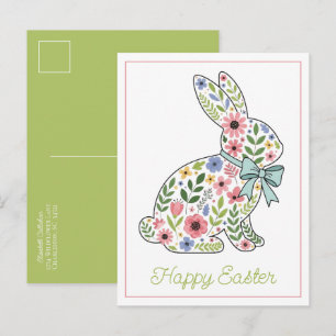 Cartes Pour Fêtes Annuelles Lapin de Pâques aux fleurs sauvages roses et bleue