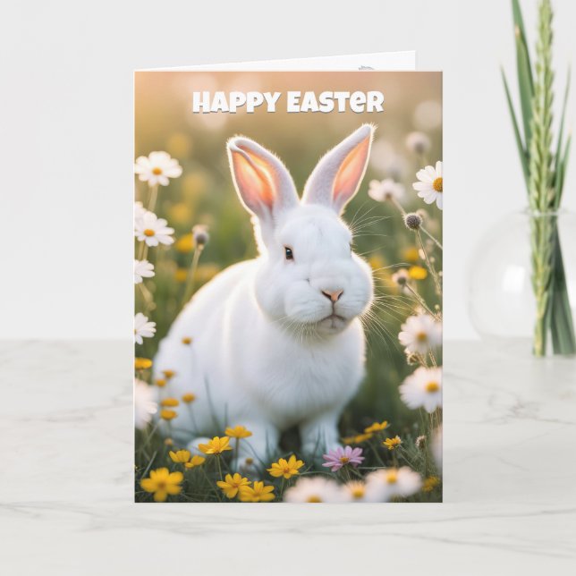 Cartes Pour Fêtes Annuelles Lapin De Pâques Blanche Dans Les Marguerites (Devant)