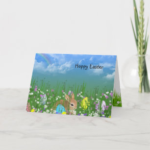 Cartes Pour Fêtes Annuelles Lapin de Pâques dans l'herbe avec arc en ciel
