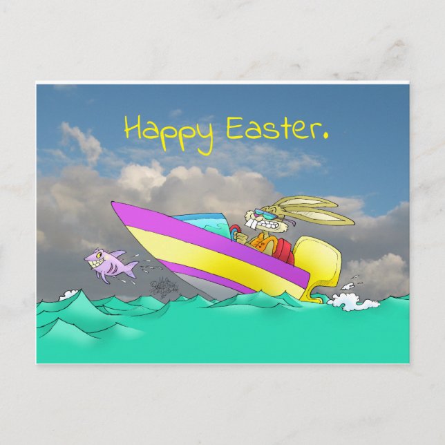 Cartes Pour Fêtes Annuelles Lapin de Pâques, dans un bateau rapide. (Devant)