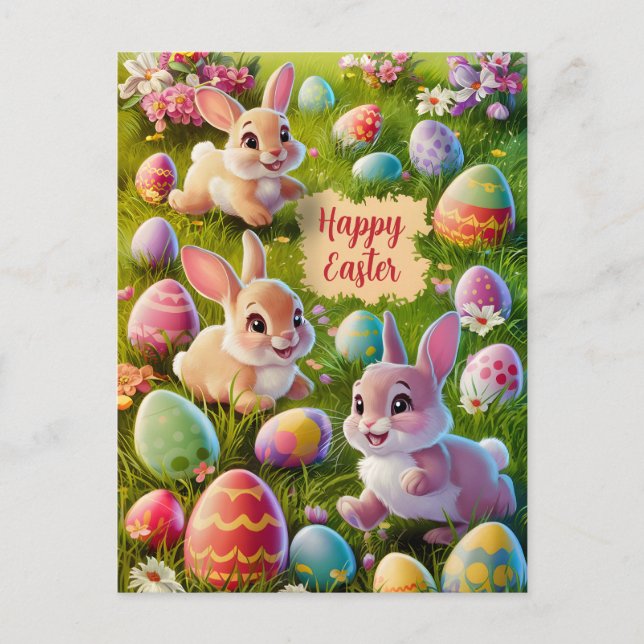 Cartes Pour Fêtes Annuelles Lapin De Pâques En Chasse Aux Oeufs (Devant)