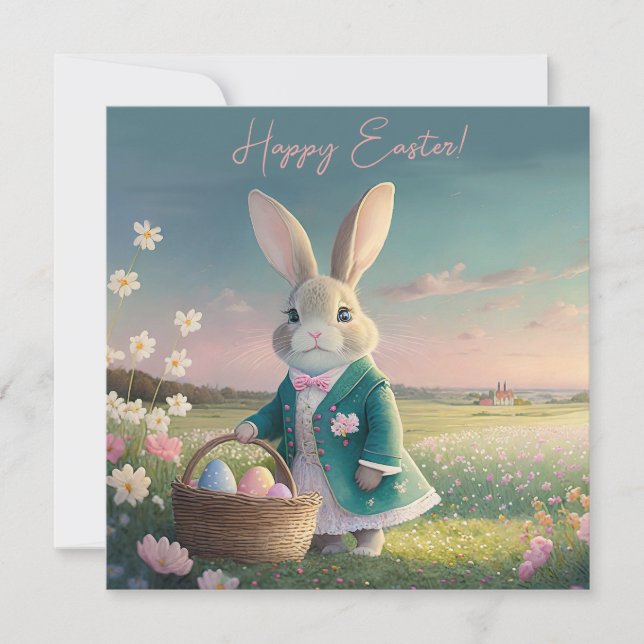 Cartes Pour Fêtes Annuelles Lapin de Pâques en petite veste bleue (Devant)