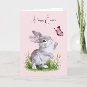 Cartes Pour Fêtes Annuelles Lapin de Pâques et papillon rose