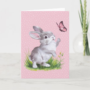 Cartes Pour Fêtes Annuelles Lapin de Pâques et papillon rose