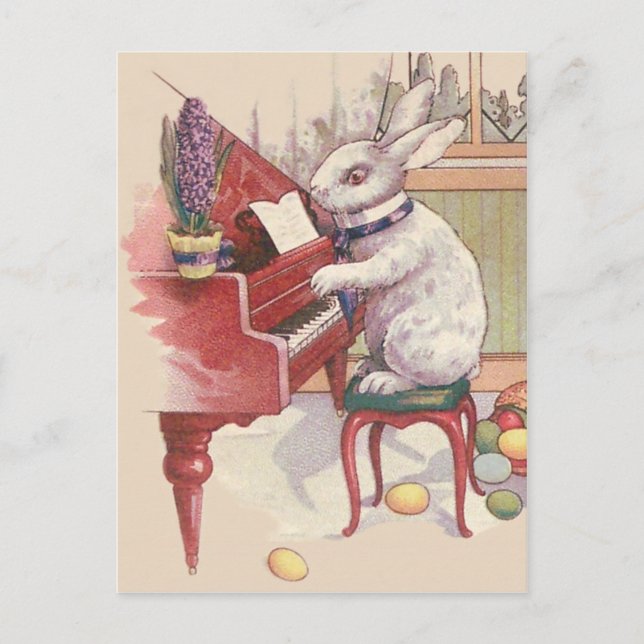 Cartes Pour Fêtes Annuelles Lapin de Pâques jouant la jacinthe de piano (Devant)