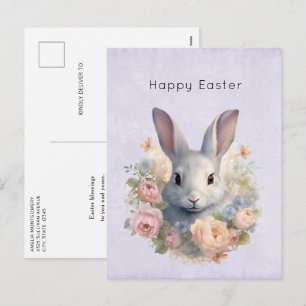 Cartes Pour Fêtes Annuelles Lapin entouré de fleurs pastel Mignon Pâques