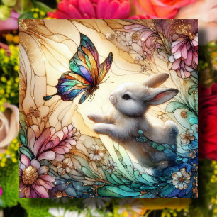 Cartes Pour Fêtes Annuelles Lapin Et Papillons En Verre Tiré Pâques