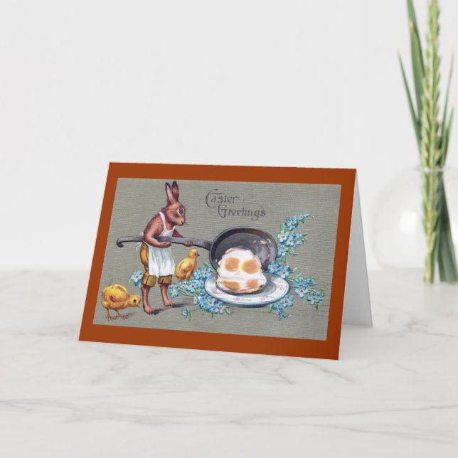 Cartes Pour Fêtes Annuelles Lapin faisant frire le cru Pâques d'oeufs (Devant)