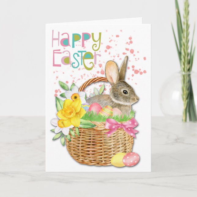 Cartes Pour Fêtes Annuelles Lapin jonquille dans le panier d'oeufs de Pâques (Devant)