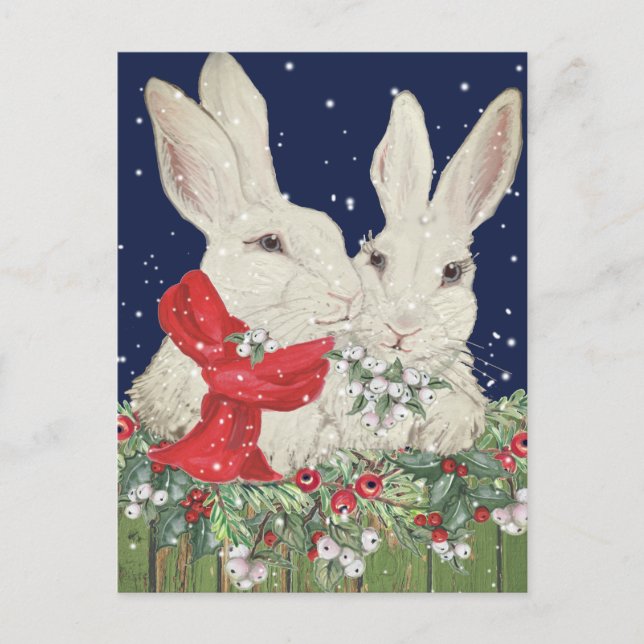 Cartes Pour Fêtes Annuelles Lapin Lapin Neige Noir Bleu Bleu Foncé Berry Holly (Devant)