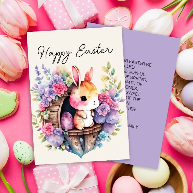 Cartes Pour Fêtes Annuelles Lapin mignon de Pâques Nom de famille heureux (Cute Easter bunny with pink and purple flowers greeting card)