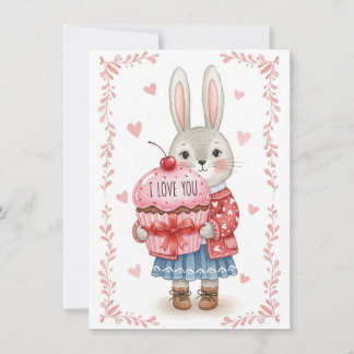 Cartes Pour Fêtes Annuelles Lapin Mignon Tenant un Cupcake Rose