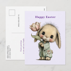 Cartes Pour Fêtes Annuelles Lapin mignon tenant une tulipe de Pâques