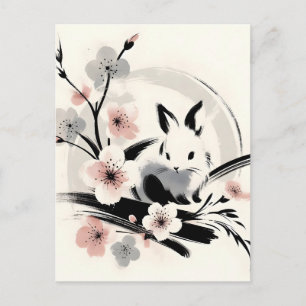 Cartes Pour Fêtes Annuelles Lapin minimaliste Zen à l'encre et fleurs de ceris