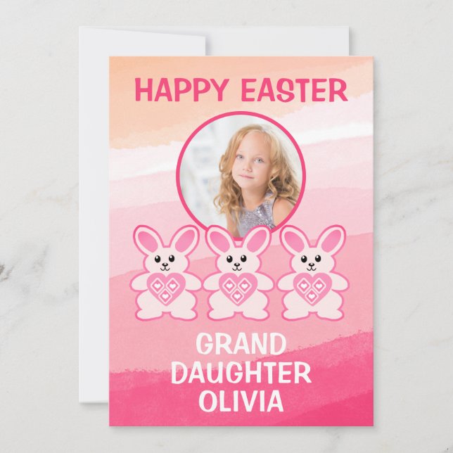Cartes Pour Fêtes Annuelles Lapin Rose Lapin Grandgirl Photo Pâques (Devant)