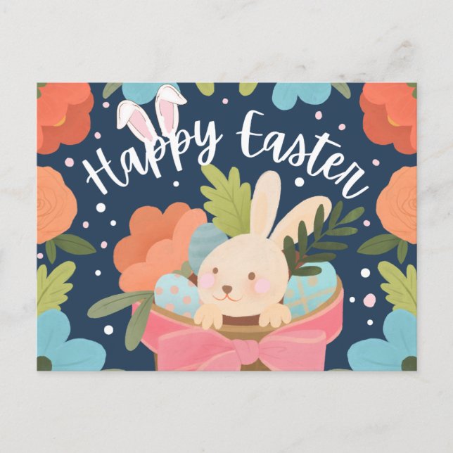 Cartes Pour Fêtes Annuelles Lapin sucré dans le panier cadeau "Pâques joyeuses (Devant)