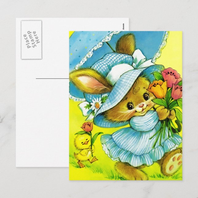 Cartes Pour Fêtes Annuelles Lapin vintage et poule Pâques (Devant / Derrière)