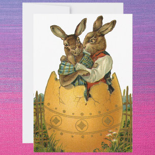 Cartes Pour Fêtes Annuelles Lapins dans un œuf d'or, Pâques victorienne vintag