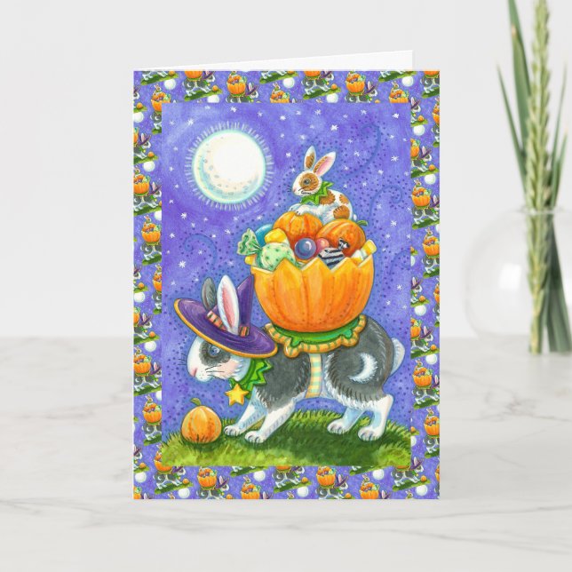CARTES POUR FÊTES ANNUELLES LAPINS DE HALLOWEEN ÉTOFFÉS, MAÏS À CONFETTI, COLO (Devant)