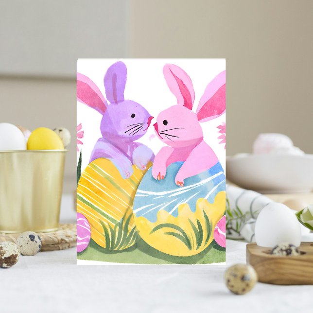 Cartes Pour Fêtes Annuelles Lapins d'oeufs de Pâques | Aquarelle Pastel (Créateur téléchargé)